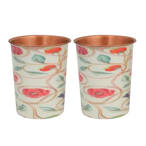 Bouteille d'eau artisanale en cuivre avec deux motifs floraux en verre meena, base couleur crème, fleurs multicolores, ensemble de bouteilles en cuivre - Product Image 4