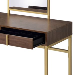 Coleen Walnut and Gold Finish <b>Makeup</b> <b>Vanity</b> Desk with Mirror and Jewelry Tray - Product Image 3