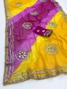 Chiffon <b>Saree</b> Gold Embroidery Lehariya Patta Dyeing Quick Dry for Women Wedding Wear Indian Pakistani Traditional Floor-Length - Product Image 6