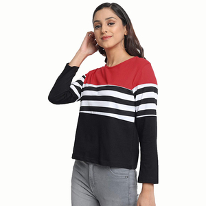 T-shirt en coton à manches longues pour femme, col rond léger, coupe moderne, décontracté - Product Image 1