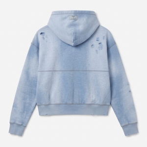 Blouson polaire zippé pour femme, bleu délavé, effet denim déchiré et vieilli, coupe courte, style streetwear oversize, logo personnalisé - Product Image 2