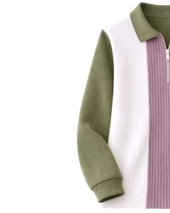 Sudadera Polo Personalizada para Hombre, Verde Oliva, Rosa y Blanca, con Cierre de Cremallera de un Cuarto, Paneles Acanalados, Estilo Casual, de Forro Polar, Manga Larga, Ropa Urbana - Product Image 3