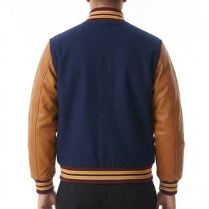 <b>Men's</b> Navy Blue Varsity <b>Jacket</b> With Brown <b>Leather</b> Sleeves Turn-down Collar Button Closure Regular Fit Autumn Wear - Product Image 2