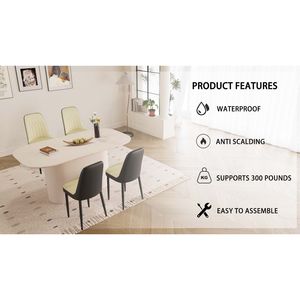 Tavolo da Pranzo in Stile Moderno Medievale da 160 cm in MDF Color Crema con Set di 4 Sedie da Pranzo in PU, Piano in Metallo Nero e Gambe in Metallo - Product Image 6