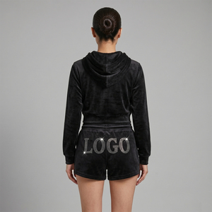2024 Velvet Custom Logo Casual Eco-Friendly Breathable Two-Piece Women's Sweatsuit Hoodies Crop <b>Track</b> Pants Solid Matched 100% - Product Image 5
