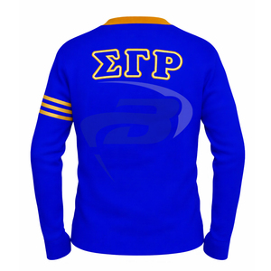 Suéter Cárdigan de la Hermandad Sigma Gamma Rho, Tejido Azul Rey con Rayas Amarillas y Logotipo Bordado SGR, Ropa de Hermandad Griega - Product Image 3