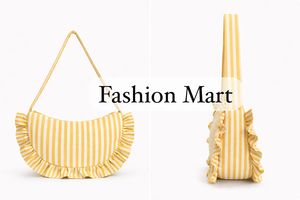 Women’s Striped Shoulder Bag with Ruffle Design Cotton Casual Handbag Trendy Crescent Shape Purse - Product Image 2