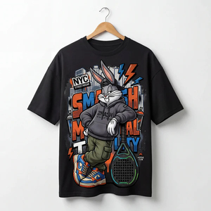 T-shirt noir Bugs Bunny NYC Streetwear à manches courtes, col rond, imprimé dessin animé, coupe classique pour homme, jersey 100% coton - Product Image 1