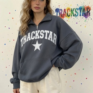 <b>Women</b> <b>Quarter</b> <b>Zip</b> Mock Neck <b>Sweatshirt</b> Star Graphic Fleece Pullover Oversized Drop Shoulder Casual Loose Fit Top - Product Image 1