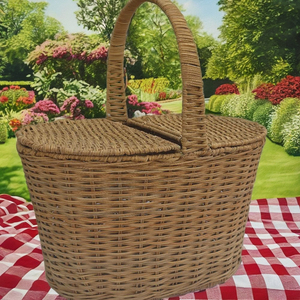 Cesta ovalada de ratán tejida a mano con soporte de hierro – Almacenamiento multiusos para el hogar y pícnic - Product Image 1