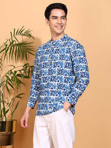 Kurta Corta Azul de Algodón para Hombre con Estampado Artesanal, Cuello Nehru, Diseño Sólido y Moderno, Mangas Largas, Prenda Étnica Global - Product Image 3