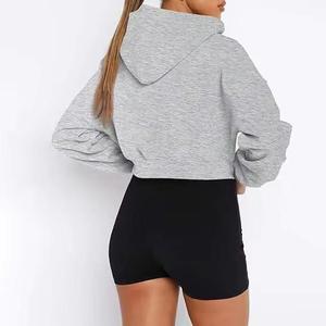Women's Gray <b>Cropped</b> <b>Hoodie</b> <b>Zip</b>-<b>Up</b> Sweatshirt Full Sleeve Solid Color Knitted Cotton Blend Autumn Casual Wear - Product Image 4