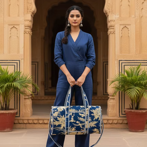 Navy Blue Leaf Printed Cotton Luxury Travel Duffle <b>Bag</b> Large Capacity Weekend Shoulder Handbag with Front Pocket Crossbody Strap - Product Image 2