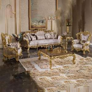 Muebles para el Hogar Kiky, Juego de Sofás Seccionales en Forma de L de Madera Maciza de Estilo Europeo, Acabado Dorado Antiguo Ecológico y Duradero para Sala de Estar - Product Image 1