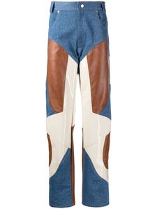 Pantalon moto asymétrique taille haute en jean et cuir patchwork, coupe skinny, fermeture éclair, longueur intégrale pour femme - Product Image 3