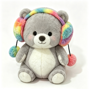 Orejeras de peluche de oso gris esponjoso personalizadas, orejeras de peluche de arcoíris pastel, orejeras de peluche de oso arcoíris, orejeras de peluche de oso con pompones - Product Image 2