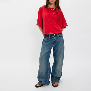 T-shirt ample en jersey de coton rouge pour femme, à manches chauve-souris et col rond, respirant, tricoté, idéal printemps-été - Product Image 4
