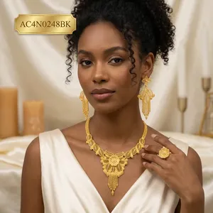 Ensemble de colliers pour femmes en laiton plaqué or avec pendentif fleur et chaîne maille forçat - Bijoux cadeau pour mariage et fête, style classique - Product Image 3
