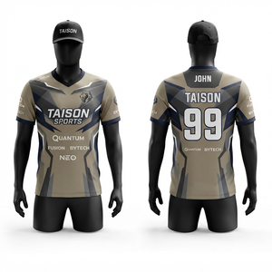 Camiseta Deportiva para Hombre, 180 GSM, Poliéster Interlock Premium, Diseño de Paneles Beige, Azul Marino y Gris, Logotipo Personalizado por Sublimación, Ropa de Equipo - Product Image 1