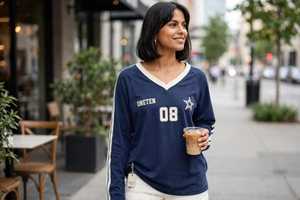 Oneten Women Navy Blue <b>V</b> <b>Neck</b> <b>Long</b> <b>Sleeve</b> Drop Shoulder Jersey <b>Top</b> With Number 08 - Product Image 6