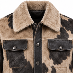 Veste de cowboy pour homme en patchwork de cuir de vachette, style western trucker, avec col en peluche, coupe courte, boutonnée sur le devant, vêtement d'extérieur décontracté urbain et tendance - Product Image 4