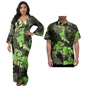 Hawaiian Vintage Style Slim Casual Maxi Dress and Men's Shirt Solid Natural Waist Woven Drop Shipping Low MOQ Couple Outfit - Product Image 2
