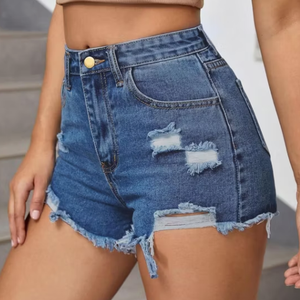 Shorts de Mezclilla Desgastados de Cintura Alta para Mujer, Estilo Casual de Verano, Tela de Algodón Transpirable, Jeans Cortos - Product Image 4