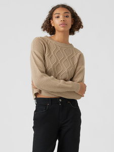 Women's Crew Neck Cable Knit Acrylic Casual Pullover Sweater Regular Sleeve Full Length Taupe <b>Brown</b> - Product Image 1