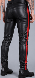 Men's Black <b>Leather</b> Look Moto <b>Pants</b> High Waist Side Red Stripe Zipper Fly Biker Style Autumn Wear - Product Image 6