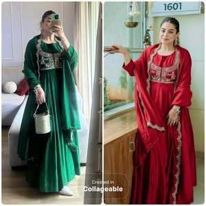 Compra al por mayor: Vestido Anarkali de seda chinon pesada para mujer con chaqueta, lentejuelas y conjunto de 3 piezas con dupatta, completamente cosido, listo para usar. - Product Image 6