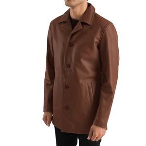 <b>Men's</b> <b>Brown</b> Genuine Cowhide Leather Canvas Button Single Breasted Shirt Collar Long Trench Jacket - Product Image 4