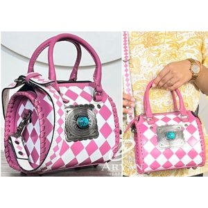 New 2026 Outdoor Hand <b>Tooled</b> Checkered Leather Hand Carry Crossbody Travel Speedy Bag for Women's Overnight Duffle Luggage Bags - Product Image 1