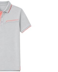 Polo personalizado para hombre en gris claro y rosa coral, manga corta, informal, para golf, transpirable, de poliéster premium para verano. - Product Image 5