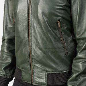 Men Dark Green Genuine <b>Leather</b> Bomber <b>Jacket</b> Slim Fit Casual Outerwear with Ribbed Trim and Zippered Side Pockets - Product Image 5