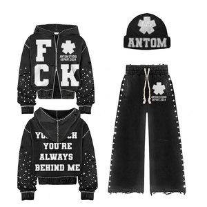 Men Breathable Winter Rhinestone Distressed Tracksuit Custom Graphic Zip <b>Hoodie</b> Wide Leg Sweatpants Beanie Punk <b>Gothic</b> - Product Image 1