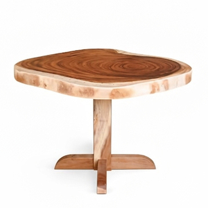 Solid Suar Wood Elegant Rustic Wholesale Solara <b>Live</b> <b>Edge</b> Cafe <b>Table</b> Teak Chair Set Furniture with Rattan Seat Backrest Design - Product Image 2