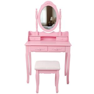 Princess <b>Pink</b> Wooden Makeup Vanity <b>Table</b> Set 4 Drawer Girls Bedroom <b>Dressing</b> with Mirror Cushioned Stool for <b>Dressing</b> Relaxing - Product Image 4