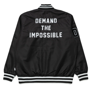 Demand The Impossible Embroidered Varsity Jacket Men's Black Letterman Jacket with Zipper Closure and Striped Trim - Product Image 6