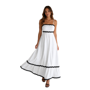 Women New Fashion Vacation Wear White Maxi Dress <b>Spaghetti</b> <b>Strap</b> A-Line Plain Printed Breathable Scallop Hem Summer Casual Wear - Product Image 1
