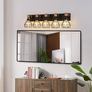Luminaire de salle de bain ou de chambre à coucher moderne géométrique à 5 lumières de 31 pouces avec accents en métal noir et en bois - Product Image 3