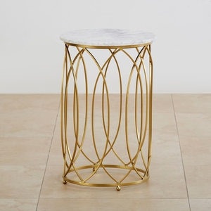 Premium White Marble Top Accent End <b>Table</b> with Gilded Oval Wire Cage Structure, Space-Saving Round <b>Side</b> <b>Table</b> for Couch or Sofa - Product Image 2