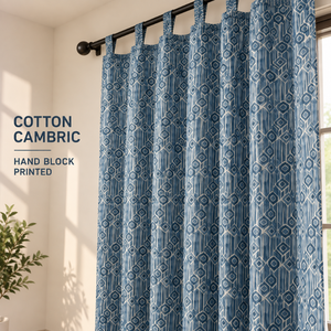 Rideaux en coton à imprimé géométrique bleu |   Rideaux de fenêtre en tissu cambric imprimés à la main |   Panneaux décoratifs indiens pour la décoration moderne de la maison - Product Image 4