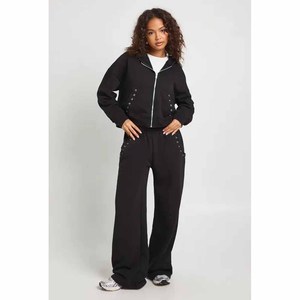 High Quality Black Women's Winter 2-Piece Fleece <b>Stitch</b> Detail Hooded Eco-Friendly Breathable <b>Tracksuit</b> Set Hoodie Sweatpants - Product Image 2