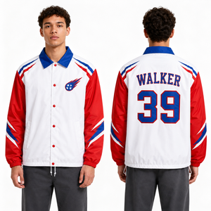 แคตตาล็อกเสื้อโค้ช Varsity สไตล์ทั่วโลก สีสันตามสั่ง โลโก้ที่อก พิมพ์ลายด้านหลัง ปักลายที่แขน ผ้า TackleTwill พิมพ์ลายสกรีน กันน้ำ - Product Image 1