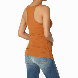 Débardeur en maille froncé pour femme, col rond, couleur unie, décontracté, respirant, mélange coton élasthanne, orange, style long - Product Image 5