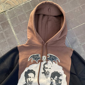 Gothic Hoodie Men Oversized Cotton French Terry Front Print Bat Design <b>Red</b> Flame Sleeves Autumn Wear Hoodie - Product Image 6