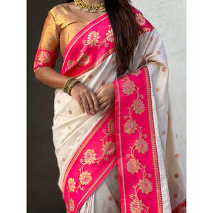 Sari Paithani de Seda Suave Color Crema con Motivo de Loto, Ropa India y Pakistaní - Product Image 2