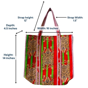 Bohemian Cotton Tote <b>Bag</b> with Floral Pattern Red Green Stripes <b>Foldable</b> Autumn Shopping <b>Bag</b> All Seasons Style - Product Image 3