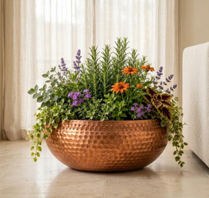 Handmade Rustic Metal Planter Round Copper <b>Vase</b> For Tabletop Floral Display Dotted border metal planter ornamental beaded edge - Product Image 4