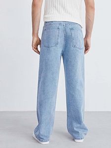 Jean en denim pour homme, coupe décontractée, taille mi-haute, jambe large, 100% coton, couleur unie, délavage clair, écologique - Product Image 2
